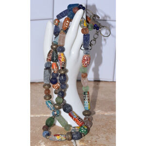 Extra Large Antique Venetian Mixed Trade Beads Double Strand Statement Necklace